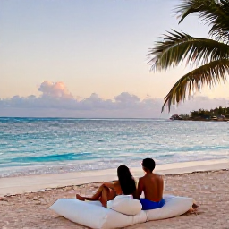 Caribbean Holidays, Cura&ccedil;ao in May, Couple enjoying a peaceful Cura&ccedil;ao holiday beach in May, warm evening light, calm turquoise sea and comfortable beachfront hotel setting