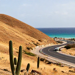 Caribbean Holidays, Cura&ccedil;ao in May, Cura&ccedil;ao coastal road with a rental car passing dry hills, cacti, turquoise sea and dramatic Caribbean scenery in warm May sunshine