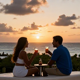 Caribbean Holidays, Cura&ccedil;ao in May, Relaxed Cura&ccedil;ao holiday scene at sunset, with a couple enjoying drinks near an all-inclusive resort overlooking the Caribbean Sea