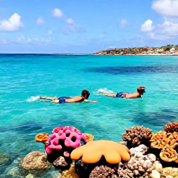 Caribbean Holidays, Cura&ccedil;ao in May, Snorkellers swimming above a colourful coral reef in clear Cura&ccedil;ao water, with a sunny Caribbean coastline in the background