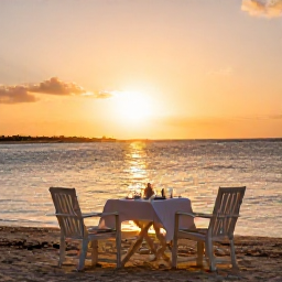 Caribbean Holidays, Curacao in November, Romantic sunset dinner on a Curacao beach in November, with two chairs, a small table and warm golden light over the Caribbean Sea