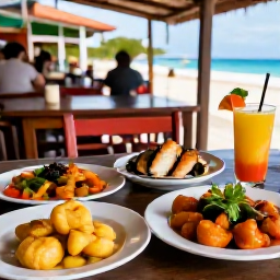 Caribbean Holidays, Cura&ccedil;ao in November, Traditional Cura&ccedil;ao food served at an outdoor local restaurant, including keshi yena, funchi, fresh fish and colourful tropical drinks