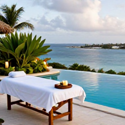 Caribbean Holidays, Curacao in November, Wellness treatment beside a Caribbean pool in Curacao, with massage table, tropical plants, candles and calm blue water