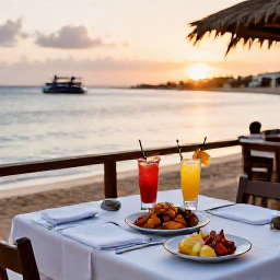 Caribbean Holidays, Cura&ccedil;ao in September, Relaxed outdoor dinner at a Cura&ccedil;ao seaside restaurant at sunset, with local seafood, tropical drinks and gentle evening light