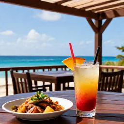 Caribbean Holidays, Cura&ccedil;ao Instagram Hotspots, A colourful tropical cocktail and local dish on a shaded terrace overlooking the Caribbean Sea in Cura&ccedil;ao