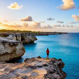 Caribbean Holidays, Cura&ccedil;ao Instagram Hotspots, A lone person standing on the rugged cliffs at Playa Kenepa, Cura&ccedil;ao, looking over vivid blue water at sunset