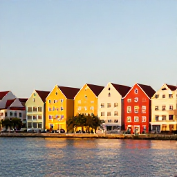 Caribbean Holidays, Cura&ccedil;ao Instagram Hotspots, Colourful Dutch Caribbean houses along the waterfront in Willemstad, Cura&ccedil;ao, photographed in warm morning light