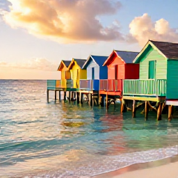 Caribbean Holidays, Cura&ccedil;ao Instagram Hotspots, Colourful wooden beach huts and clear shallow water at Jan Thiel Beach, Cura&ccedil;ao, during golden hour
