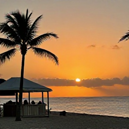 Caribbean Holidays, Cura&ccedil;ao Instagram Hotspots, Cura&ccedil;ao beach at sunset with a small beach bar, silhouettes of palm trees and warm orange December sky over the Caribbean Sea