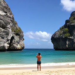 Caribbean Holidays, Cura&ccedil;ao Instagram Hotspots, Turquoise sea and dramatic limestone cliffs at Playa Kenepa, Cura&ccedil;ao, with a traveller taking a beach photograph