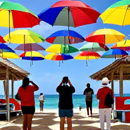 Caribbean Holidays, Cura&ccedil;ao Instagram Hotspots, Visitors taking photographs beside the colourful umbrella street installation in Pietermaai, Cura&ccedil;ao