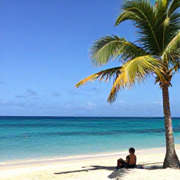 Caribbean Holidays, Cura&ccedil;ao Instagram Spots, A bright blue Cura&ccedil;ao beach with clear turquoise water, palm trees and a person taking a relaxed holiday photograph