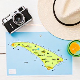 Caribbean Holidays, Cura&ccedil;ao Instagram Spots, A bright travel flat lay with a camera, sunhat, tropical drink and Cura&ccedil;ao map on a wooden table