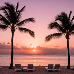 Caribbean Holidays, Cura&ccedil;ao Instagram Spots, A pink and orange sunset over the Caribbean Sea at Playa Porto Mari in Cura&ccedil;ao, with silhouettes of palm trees and beach loungers
