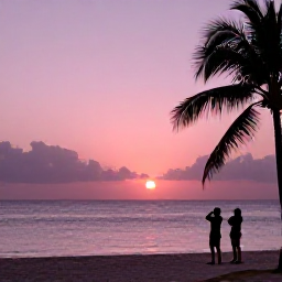 Caribbean Holidays, Cura&ccedil;ao Instagram Spots, A pink sunset over Cura&ccedil;ao with palm silhouettes, calm sea and a couple taking photographs on a beach