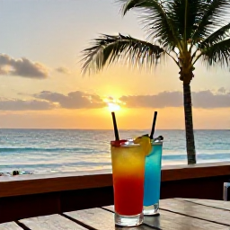 Caribbean Holidays, Cura&ccedil;ao Instagram Spots, A relaxed Cura&ccedil;ao beach bar at sunset with colourful drinks, palm trees and views across the Caribbean Sea