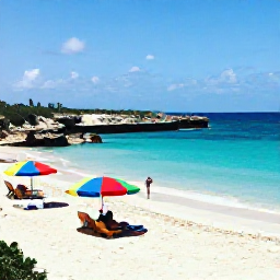 Caribbean Holidays, Cura&ccedil;ao Instagram Spots, A turquoise Caribbean beach in Cura&ccedil;ao with colourful umbrellas, white sand, rocky coves and a person taking photographs in January sunshine