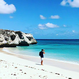 Caribbean Holidays, Cura&ccedil;ao Instagram Spots, A turquoise Caribbean beach with white sand, rocky cliffs and a person taking photographs at Playa Kenepa in Cura&ccedil;ao