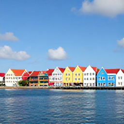 Caribbean Holidays, Cura&ccedil;ao Instagram Spots, Colourful Handelskade waterfront in Willemstad, Cura&ccedil;ao, with pastel Dutch colonial buildings, calm blue water and a bright June sky