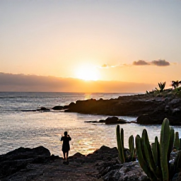 Caribbean Holidays, Cura&ccedil;ao Instagram Spots, Dramatic Cura&ccedil;ao coastline at sunset with rocky shore, calm Caribbean Sea, cactus vegetation and a person taking photographs