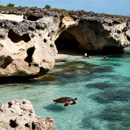 Caribbean Holidays, Cura&ccedil;ao Instagram Spots, Dramatic rocky coastline at Playa Piskad&oacute; in Cura&ccedil;ao with clear water, sea turtles, snorkellers and warm January sunlight