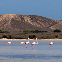Caribbean Holidays, Cura&ccedil;ao Instagram Spots, Pink flamingos standing in shallow salt flats near Jan Kok in Cura&ccedil;ao, arid hills and blue sky, natural wildlife photography