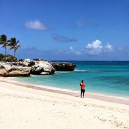 Caribbean Holidays, Cura&ccedil;ao Instagram Spots, White sandy beach at Playa Kenepa in Cura&ccedil;ao, turquoise sea, rocky coves, palm trees and a traveller taking a photograph in June sunshine