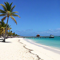 Caribbean Holidays, Cura&ccedil;ao Instagram Spots, White sandy beach, turquoise Caribbean sea, palm trees and a small wooden jetty at Cas Abao Beach, Cura&ccedil;ao
