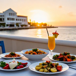 Caribbean Holidays, Cura&ccedil;ao January Break, Outdoor table in Willemstad serving colourful Cura&ccedil;ao dishes, fresh seafood and tropical drinks at sunset