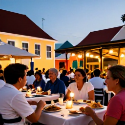 Caribbean Holidays, Cura&ccedil;ao January Holidays, Friendly evening dining scene in Willemstad, Cura&ccedil;ao, with local dishes, outdoor tables and warm January light