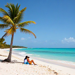 Caribbean Holidays, Cura&ccedil;ao January Holidays, Quiet Cura&ccedil;ao beach in January with turquoise water, pale sand, palm trees and a relaxed couple enjoying the sunshine