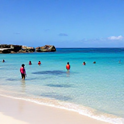 Caribbean Holidays, Cura&ccedil;ao July Holidays, A sunny Cura&ccedil;ao beach in July with clear turquoise water, colourful snorkellers, rocky coastline and a calm Caribbean atmosphere