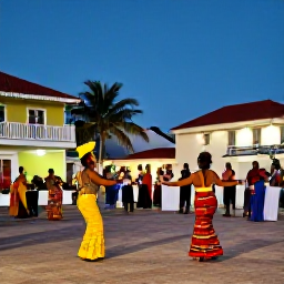 Caribbean Holidays, Cura&ccedil;ao July Holidays, Cura&ccedil;ao cultural festival scene at dusk with local musicians, dancers, colourful clothing and families gathered in a town square