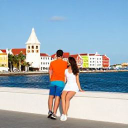 Caribbean Holidays, Cura&ccedil;ao June Breaks, Couple enjoying a sunny June city break in Willemstad, with colourful buildings, palm trees and the Caribbean Sea behind them