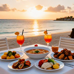 Caribbean Holidays, Cura&ccedil;ao June Breaks, Outdoor table with fresh Cura&ccedil;ao seafood, colourful local dishes and chilled drinks at sunset