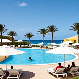 Caribbean Holidays, Cura&ccedil;ao June Holidays, Relaxed all-inclusive resort in Cura&ccedil;ao with swimming pool, palm trees, sun loungers and guests enjoying a sunny June afternoon