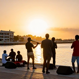 Caribbean Holidays, Cura&ccedil;ao June Holidays, Relaxed June evening in Cura&ccedil;ao with travellers enjoying live local music beside the waterfront under warm golden light