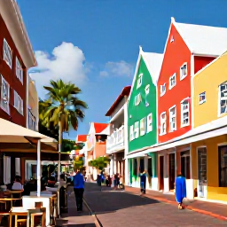 Caribbean Holidays, Curacao Luxury Holidays, Colourful historic Willemstad street in Cura&ccedil;ao with Dutch Caribbean architecture, caf&eacute;s, palm trees and visitors exploring in warm July sunshine