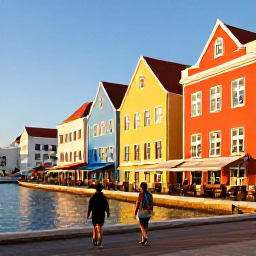 Caribbean Holidays, Curacao Luxury Holidays, Colourful Willemstad waterfront in Cura&ccedil;ao at golden hour, with historic buildings, a walking couple and inviting restaurants