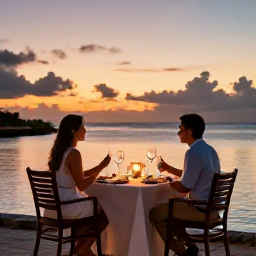 Caribbean Holidays, Curacao Luxury Holidays, Couple enjoying a sunset dinner beside the sea in Cura&ccedil;ao, with a beautifully laid table, soft lights and calm water