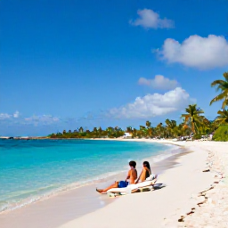 Caribbean Holidays, Curacao Luxury Holidays, Couple relaxing on a quiet white-sand beach in Cura&ccedil;ao, with turquoise water, sun loungers and palm trees