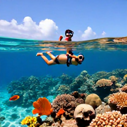 Caribbean Holidays, Cura&ccedil;ao Luxury Holidays, Couple snorkelling above a colourful coral reef in Cura&ccedil;ao, clear shallow water, tropical fish and sunny conditions