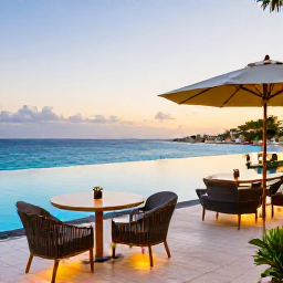 Caribbean Holidays, Cura&ccedil;ao Luxury Holidays, Elegant Cura&ccedil;ao hotel terrace overlooking a bright Caribbean bay, infinity pool, stylish outdoor seating and soft evening light