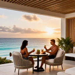 Caribbean Holidays, Curacao Luxury Holidays, Elegant Cura&ccedil;ao resort terrace overlooking the Caribbean Sea at sunset, with a couple enjoying drinks and modern tropical design
