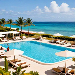 Caribbean Holidays, Curacao Luxury Holidays, Elegant luxury hotel pool overlooking the Caribbean Sea in Cura&ccedil;ao, with cabanas, tropical planting and guests relaxing