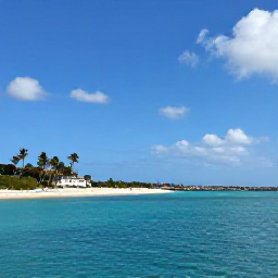 Caribbean Holidays, Curacao Luxury Holidays, Elegant luxury resort overlooking a calm turquoise Caribbean bay in Cura&ccedil;ao during November, with palm trees and a bright blue sky