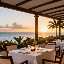 Caribbean Holidays, Curacao Luxury Holidays, Elegant open-air restaurant in Cura&ccedil;ao at sunset, beautifully set table, tropical plants and views of the Caribbean Sea