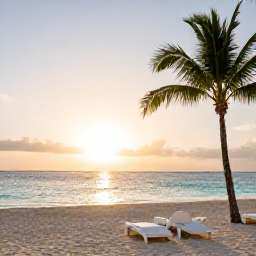 Caribbean Holidays, Cura&ccedil;ao Luxury Holidays, Luxury beachfront resort in Cura&ccedil;ao at sunrise, calm turquoise sea, white loungers and palm trees