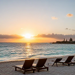 Caribbean Holidays, Cura&ccedil;ao Luxury Holidays, Luxury beachfront resort in Cura&ccedil;ao at sunset, with calm turquoise water, elegant loungers and a relaxed September atmosphere