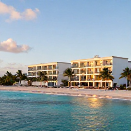 Caribbean Holidays, Curacao Luxury Holidays, Luxury Cura&ccedil;ao beach holiday scene in August, with a stylish resort, turquoise water, palm trees and warm evening light